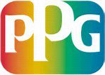 A rainbow colored logo of the ppg company.